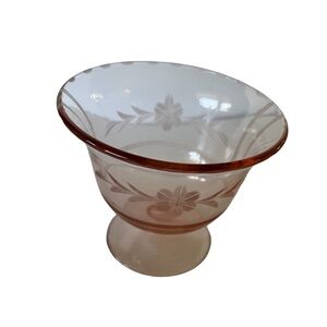 Pink Depression Glass Pedestal Dish With Etched Floral Design